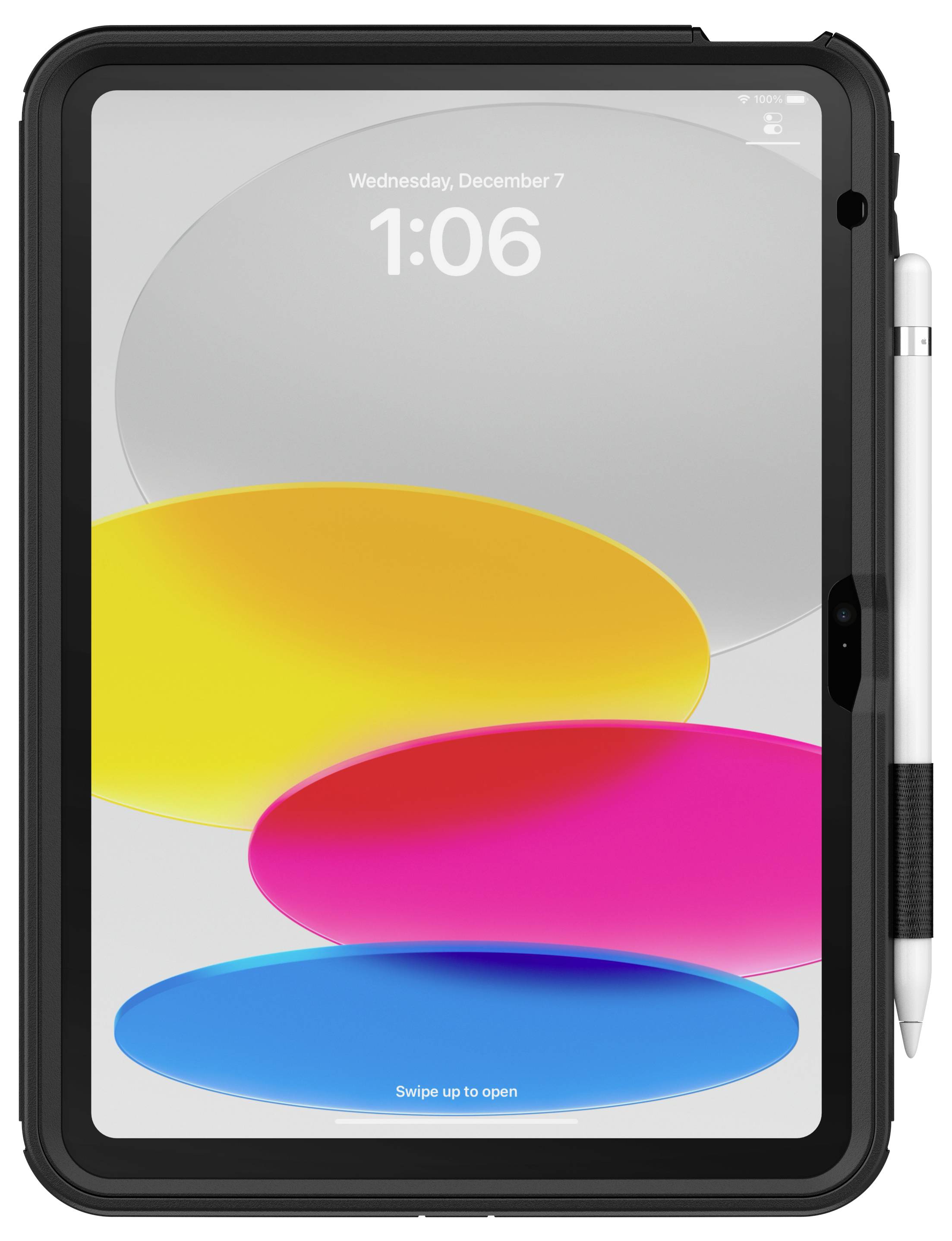 Tablet mit farbenfrohem Bildschirmhintergrund und Stift an der Seite. Zeigt die Uhrzeit '1:06' und das Datum 'Mittwoch, 7. Dezember'.