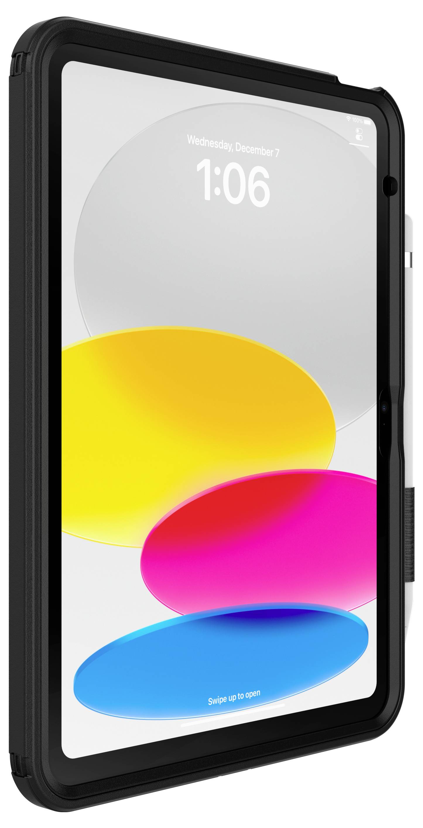 Tablet mit schwarzer Hülle und buntem Bildschirm mit gelben, rosa und blauen Kreisen. Es zeigt die Uhrzeit 1:06 am 7. Dezember.