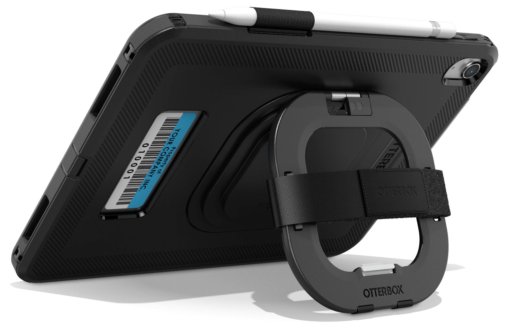 Ein schwarzes Tablet mit einer Schutzhülle, einem Stifthalter oben und einem stabilen, ausklappbaren Ständer auf der Rückseite.