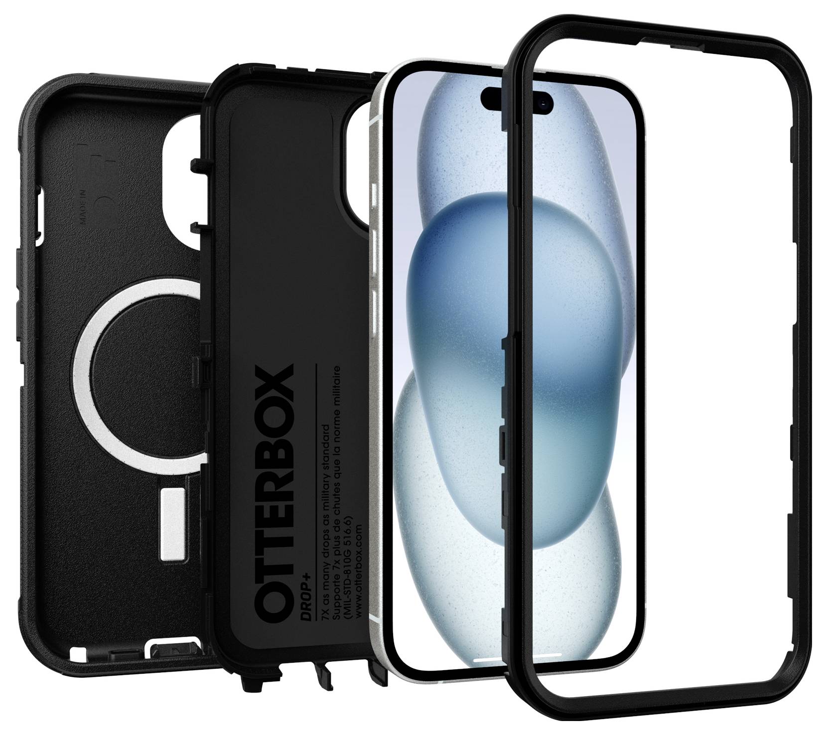 Smartphone-Hülle von OtterBox in Einzelteilen neben einem Smartphone. Die Hülle bietet Schutz und hat ein transparentes Frontpanel.