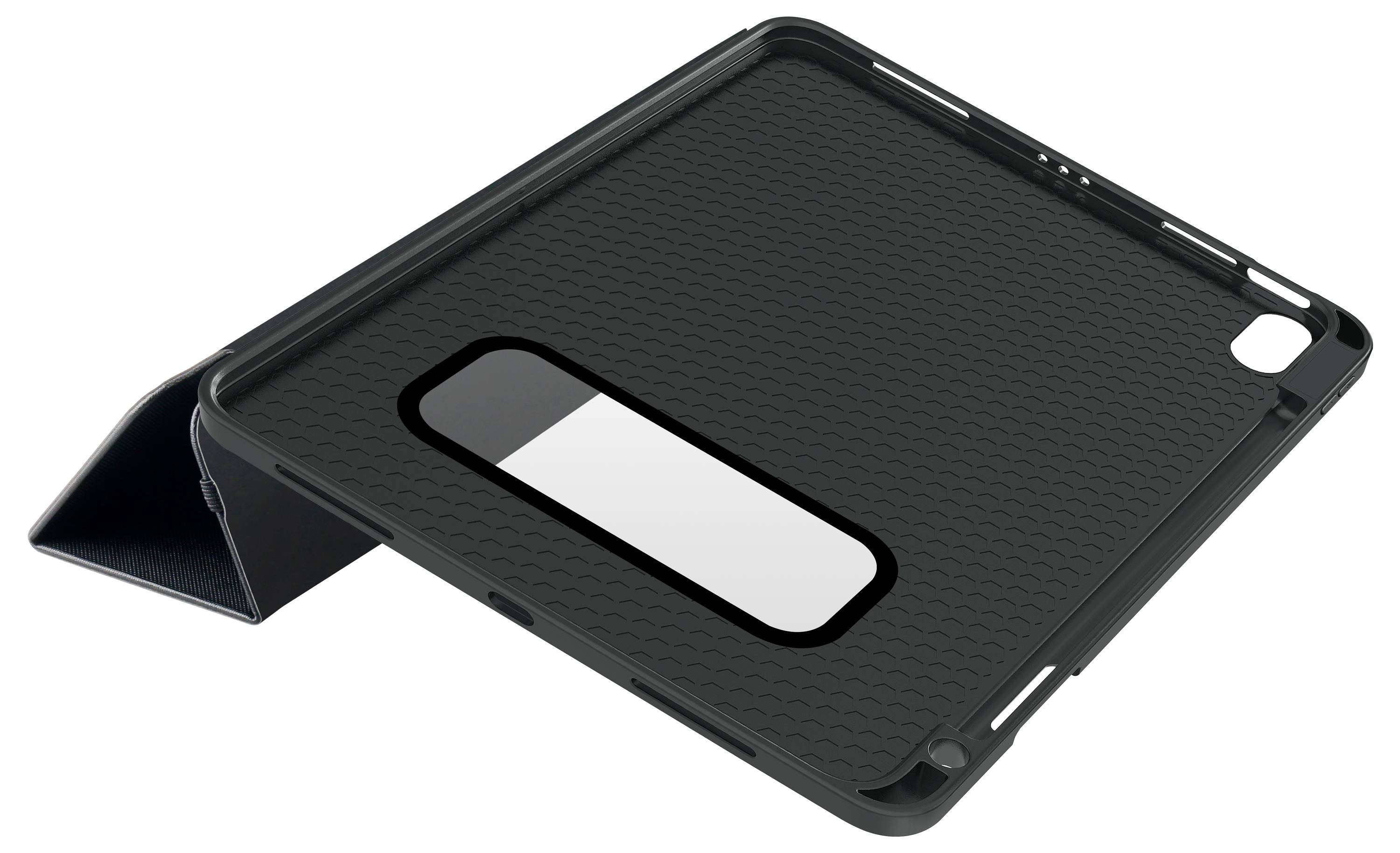 Schutzhülle für Tablets mit Standfunktion. Schwarze Oberfläche mit strukturiertem Design und Ausschnitt für Kamera und Anschlüsse.