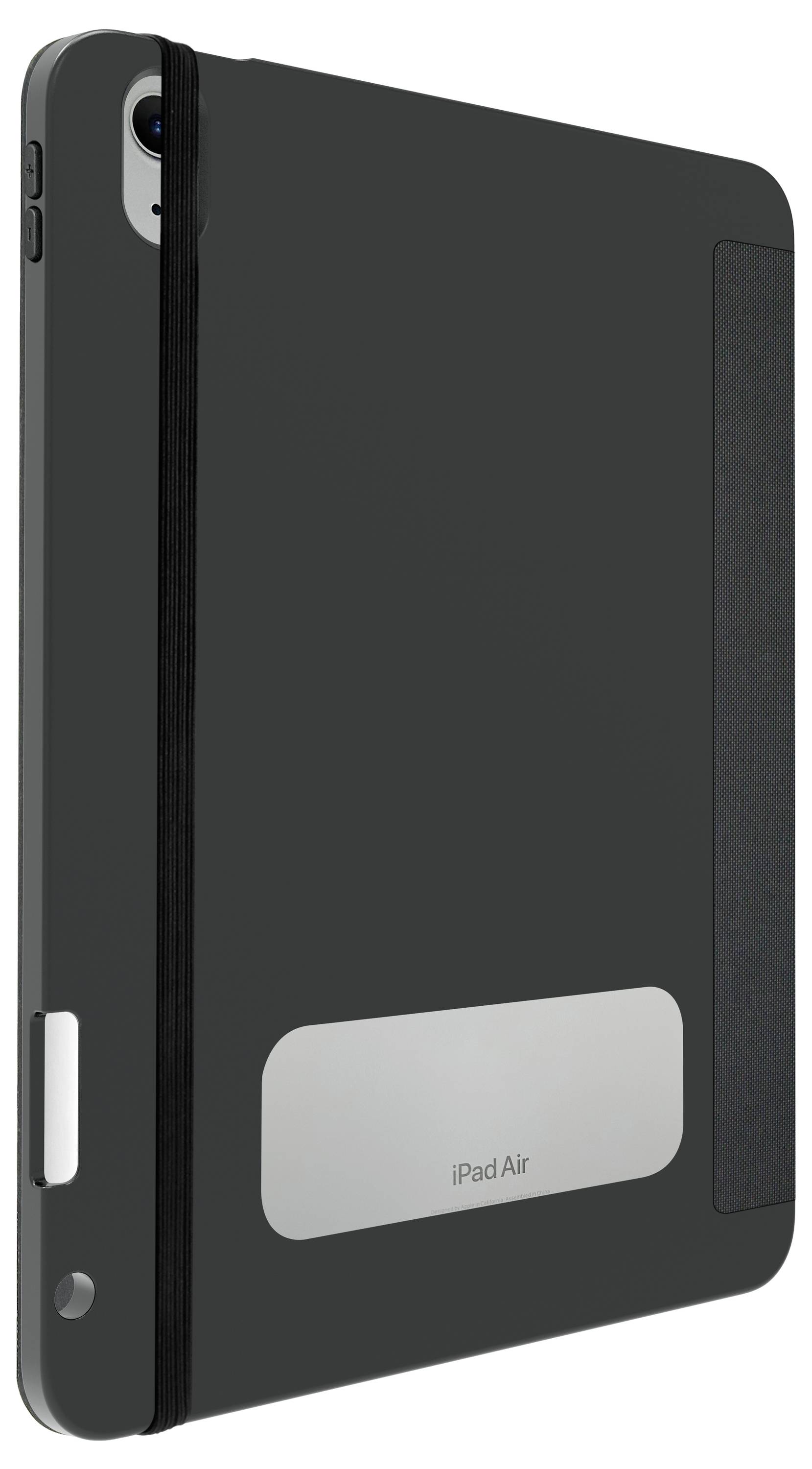 Ein schwarzes Schutzcover für ein iPad Air mit elastischem Verschlussband. Eine silberne Platte mit 'iPad Air' ist auf der Rückseite sichtbar.