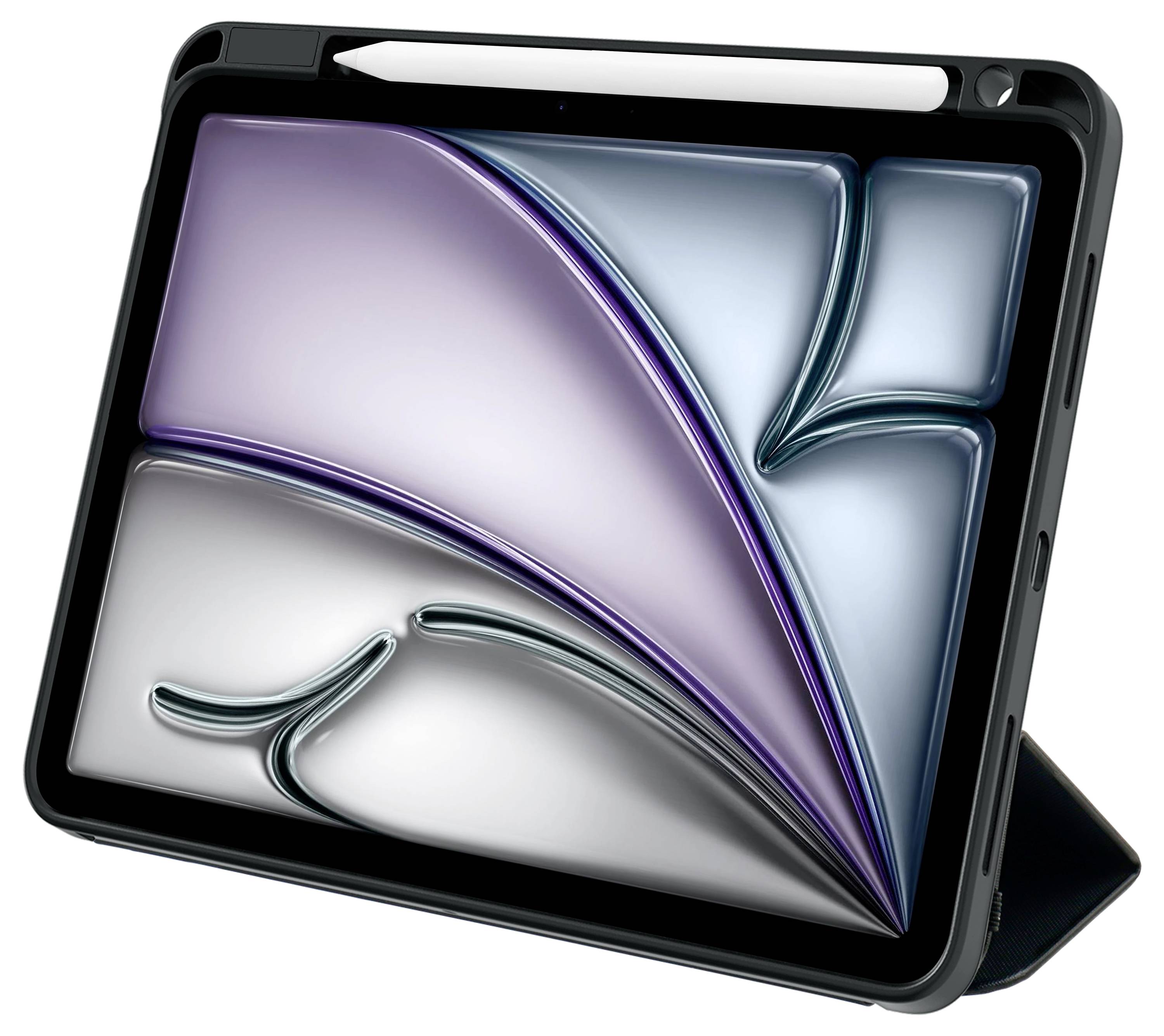 Tablet mit digitalem Stift auf schwarzer Tastaturhülle, Display zeigt abstrakte Kunst mit geschwungenen Linien in Blau- und Lilatönen.