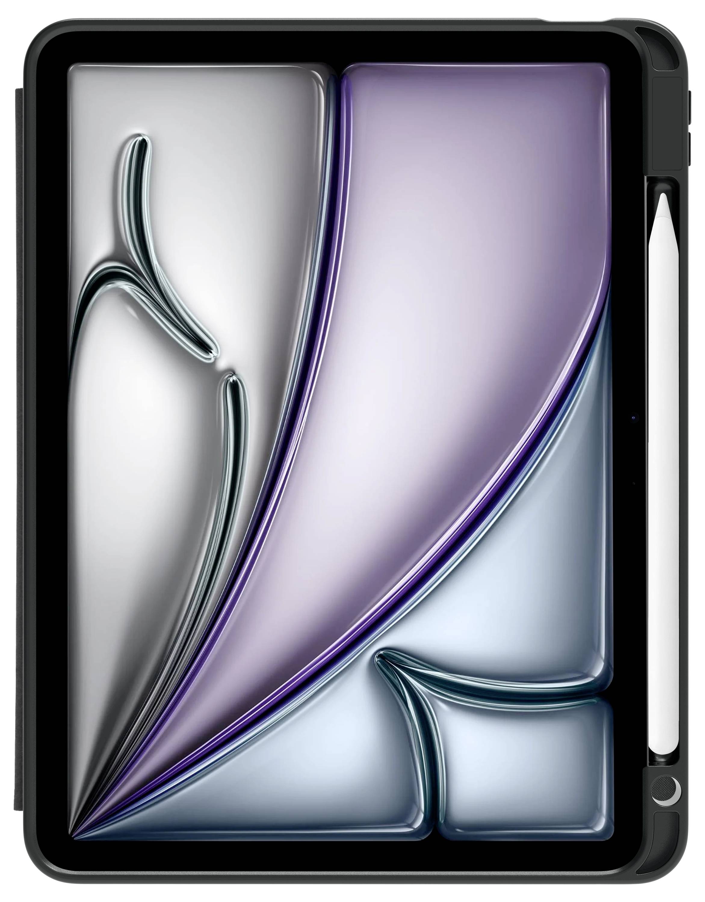 Ein Tablet mit modernem Design, Display zeigt abstrakte Kunst in sanften Blau- und Violetttönen. Ein Stift ist an der Seite befestigt.