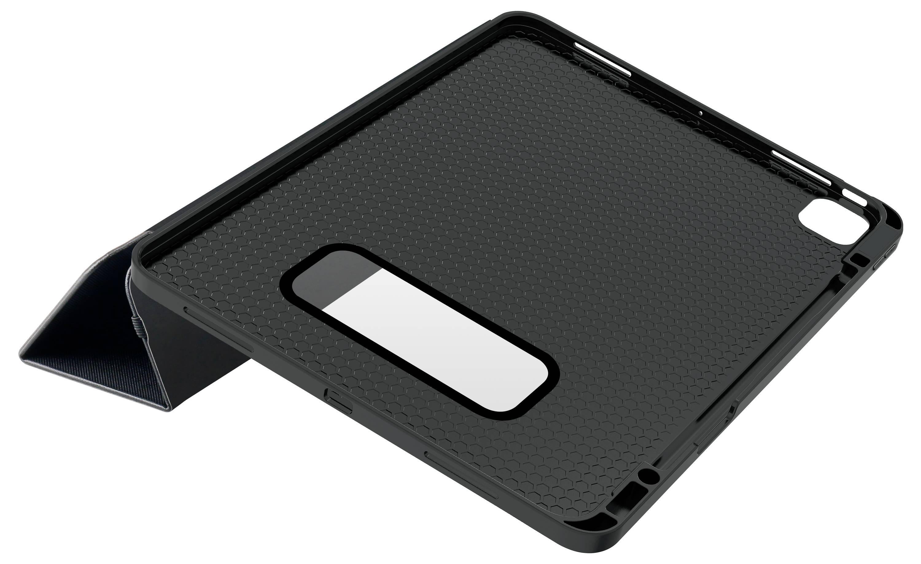 Tablet-Hülle aus schwarzem Material mit strukturierter Rückseite und Öffnungen für Anschlüsse und Kamera, in zusammengeklapptem Zustand.