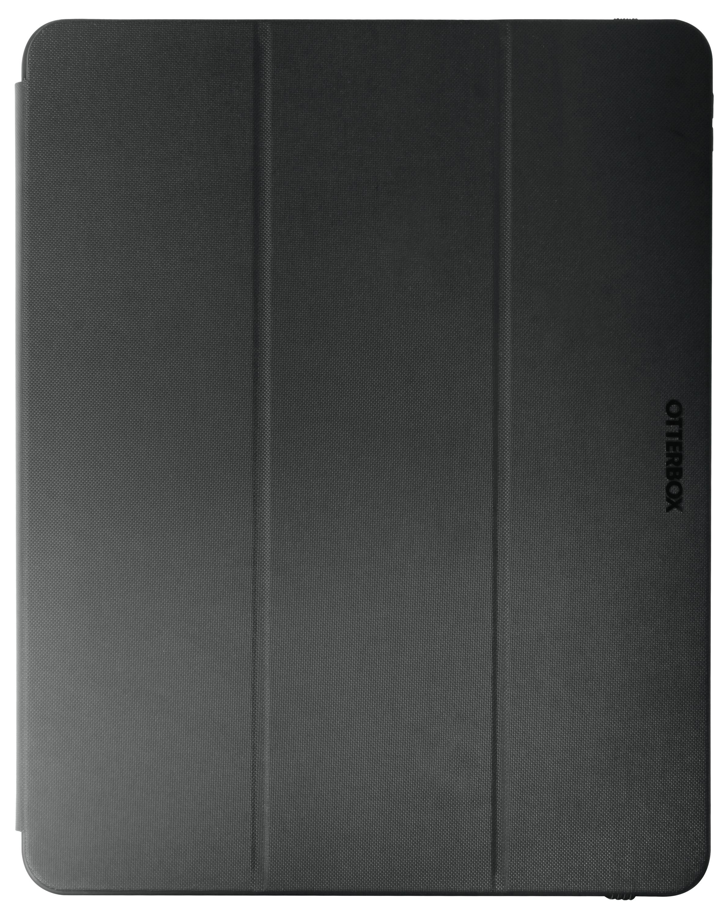 Ein schwarzes OtterBox-Tablet-Case mit glatter Oberfläche. Das Case ist geschlossen und zeigt das Logo auf der rechten Seite.