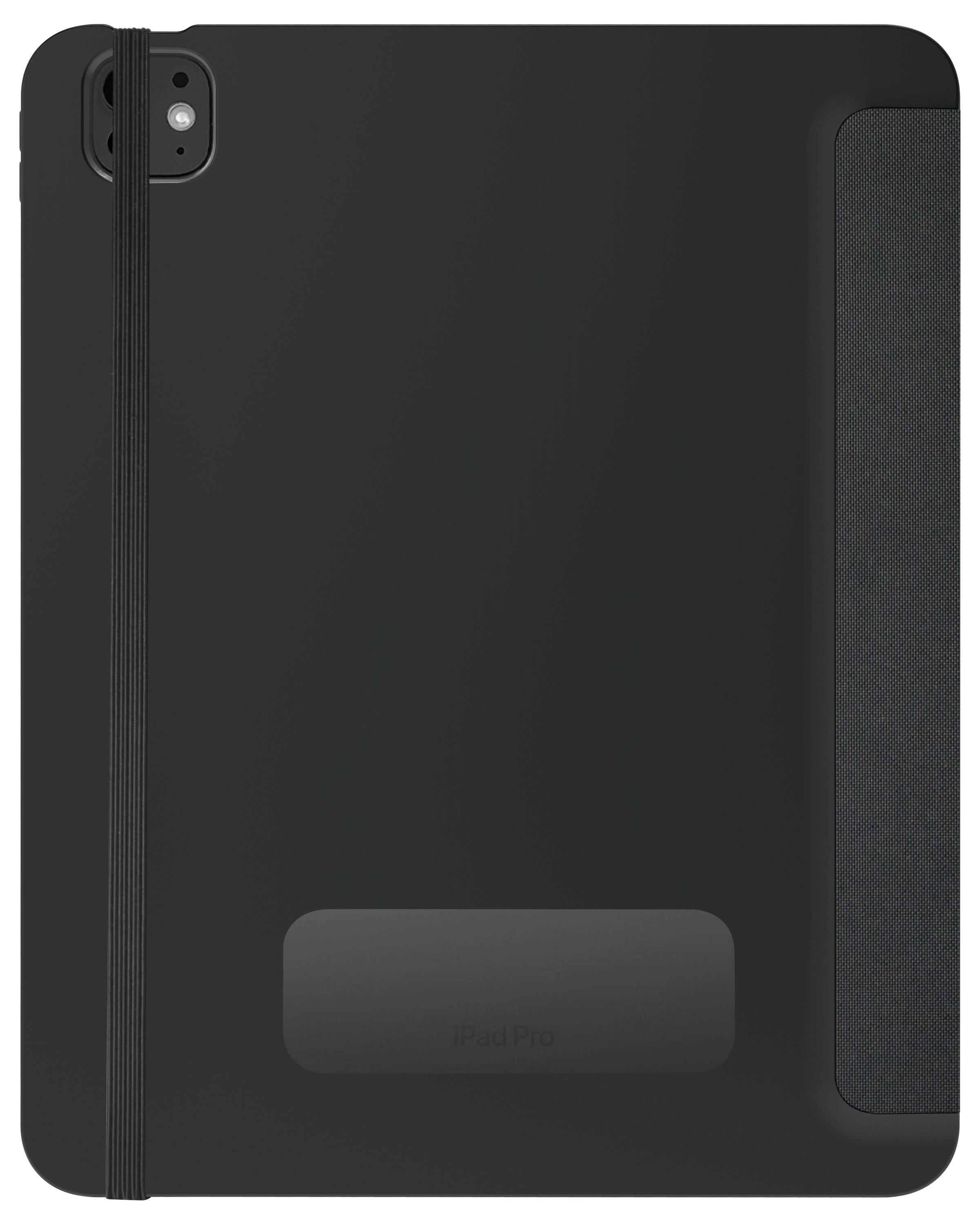 Schwarze Tablet-Hülle mit Gummibandverschluss und Kameraausschnitt oben links, Text 'iPad Pro' unten auf der Hülle sichtbar.
