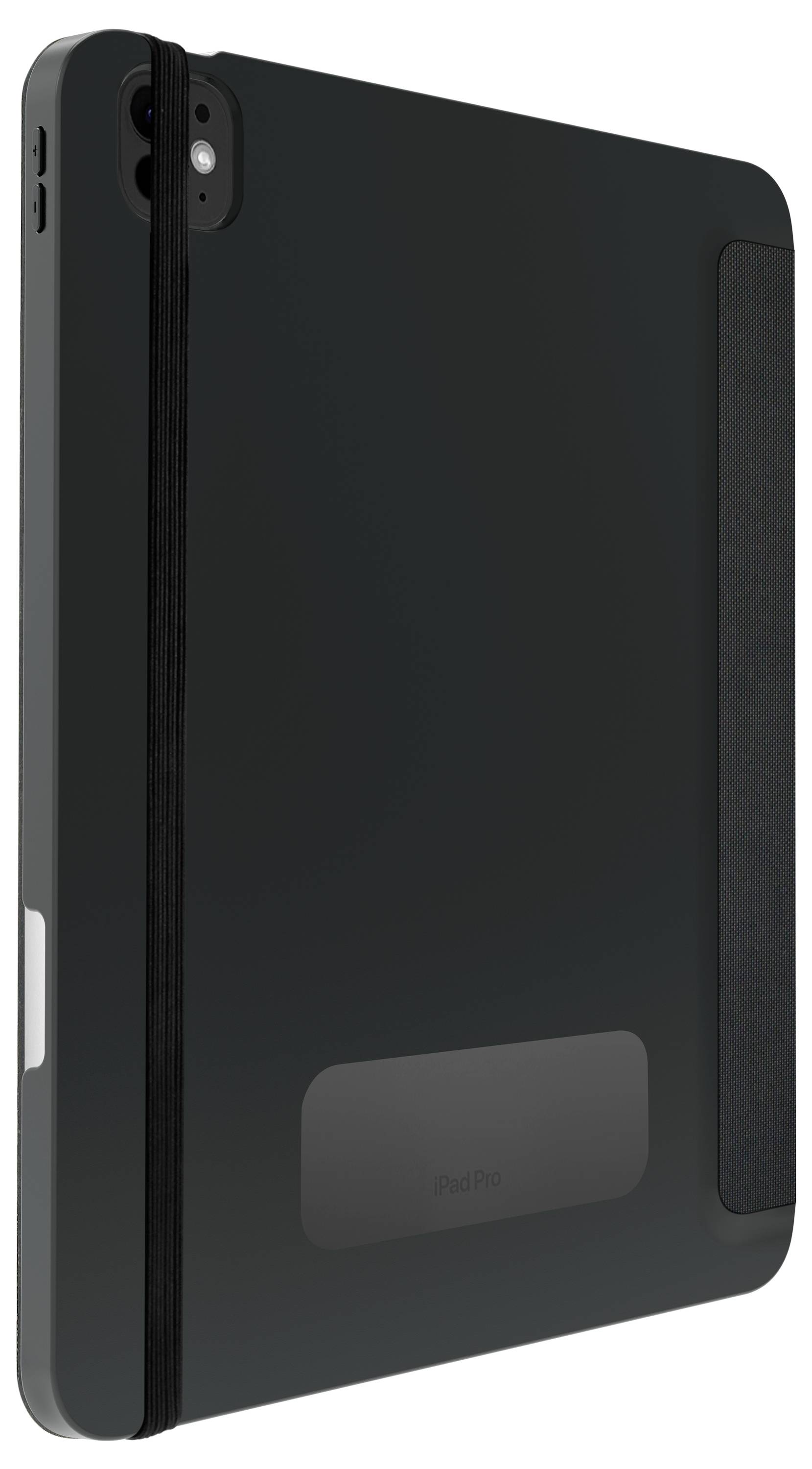 Schwarzes Tablet, aufrecht stehend, mit elastischem Band und Kamera in der oberen Ecke. Rückseite zeigt schlichte, funktionale Gestaltung.
