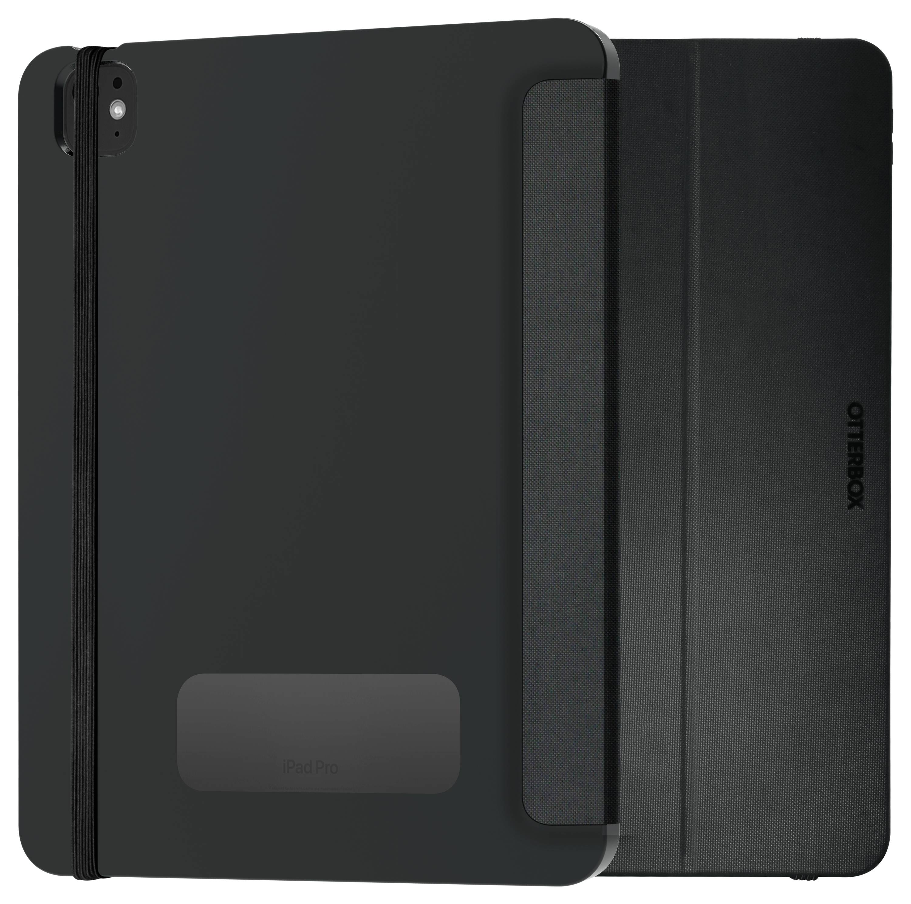 Schwarze iPad-Hülle mit elastischem Band und OtterBox-Logo. Rückseite zeigt Kameraloch. Schützt und stabilisiert das Gerät.