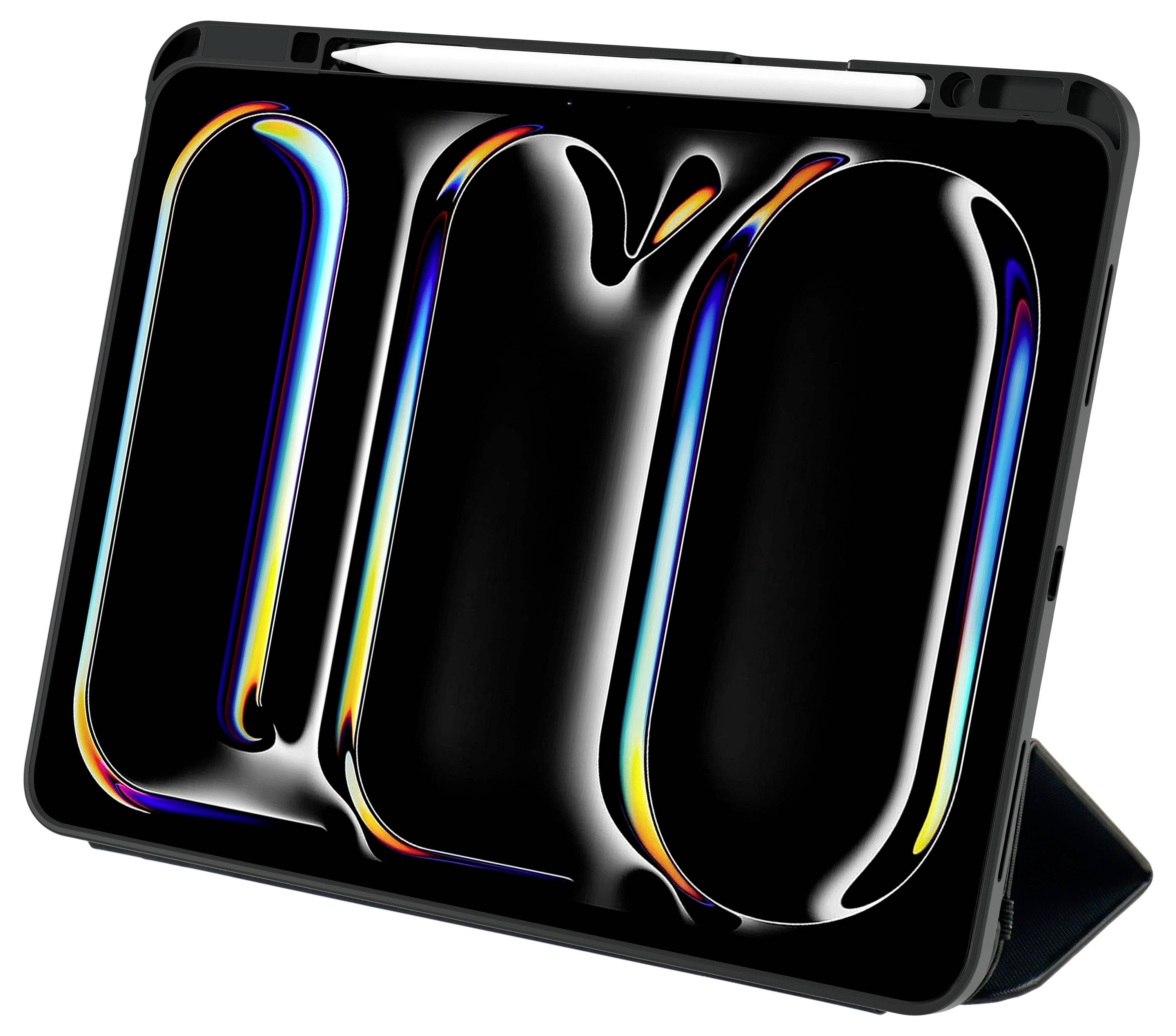 Ein Tablet mit einem schwarzen Bildschirm, der ein abstraktes, buntes Motiv in fließenden Formen zeigt.