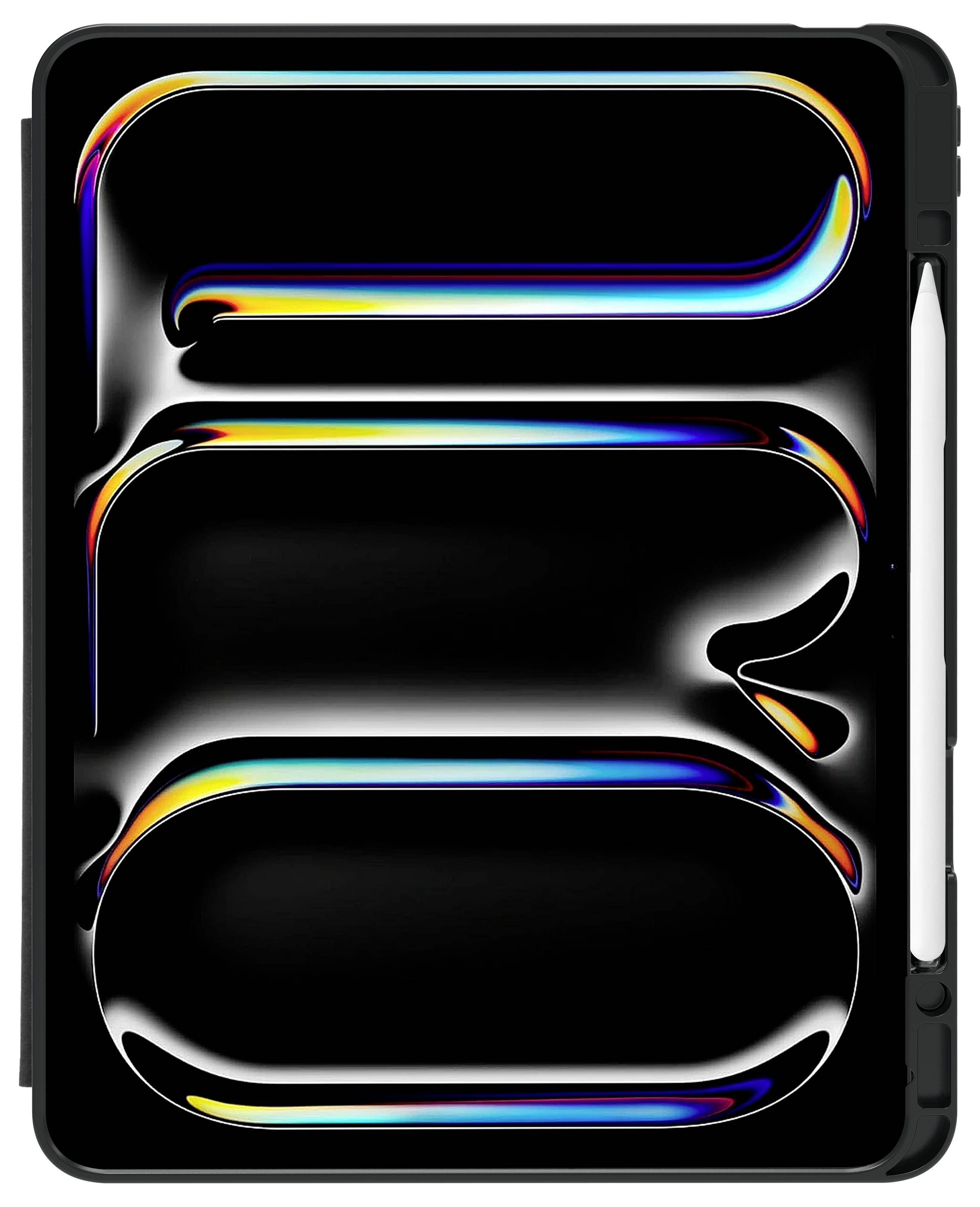 Schwarzer Hintergrund mit glänzenden, regenbogenfarbigen Formen, die wie plastische Buchstaben aussehen, möglicherweise 'F', 'O', 'B'.