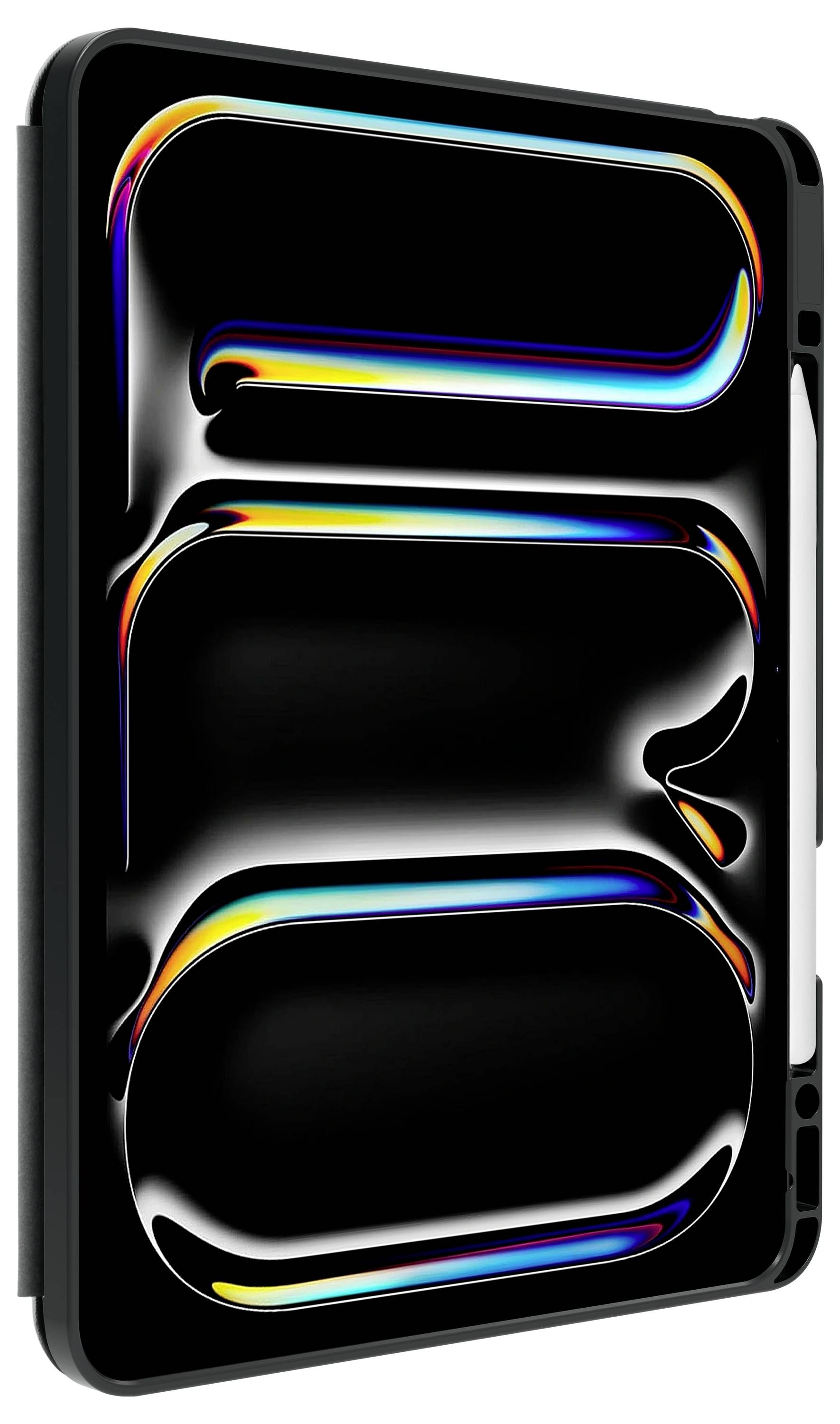 Ein schwarzes Tablet mit bunten, schimmernden Reflexionen auf dem Bildschirm. Der Stift ist an der Seite angebracht.