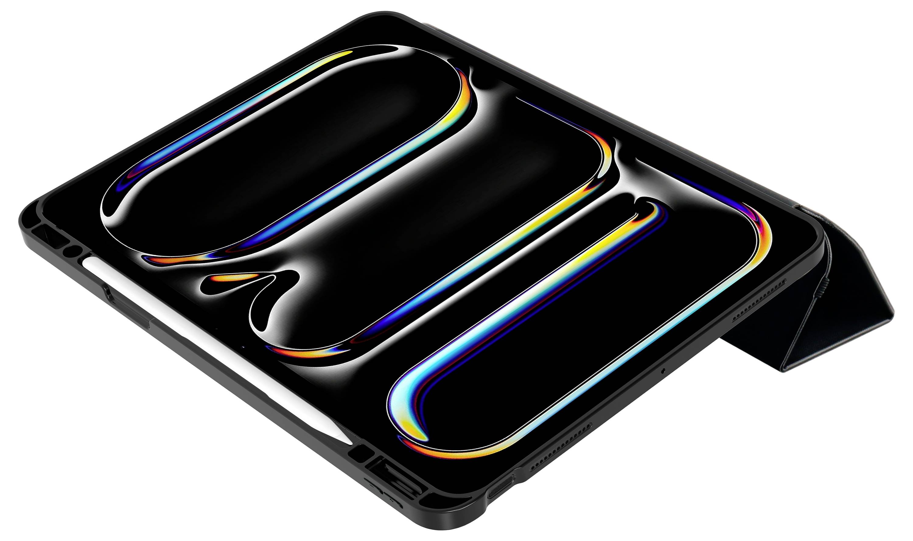 Ein Tablet mit einem bunten, abstrakten Muster auf dem Bildschirm, das in einer schrägen Position auf einem Ständer liegt.