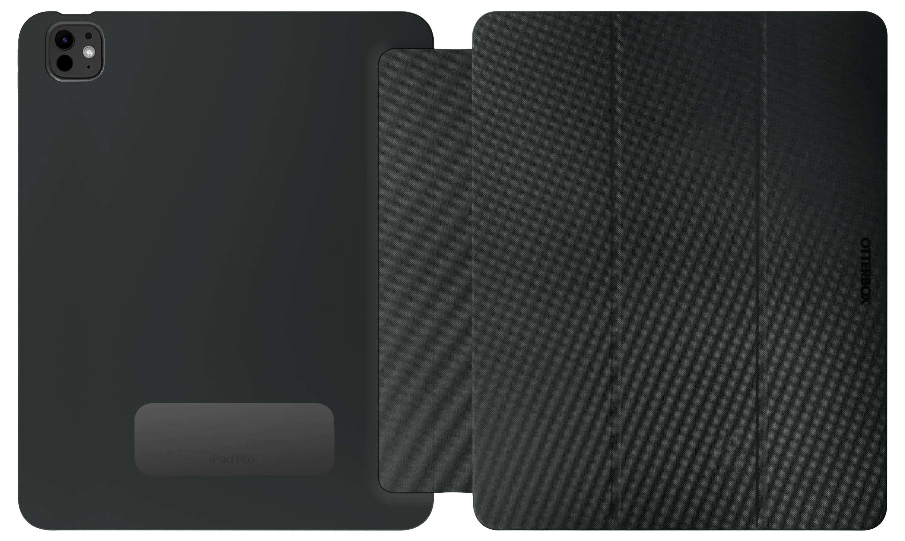 Schwarze Schutzhülle für ein Tablet, mit einfachem Design und Öffnung für die Kamera. Hülle bietet Schutz und Stabilität.