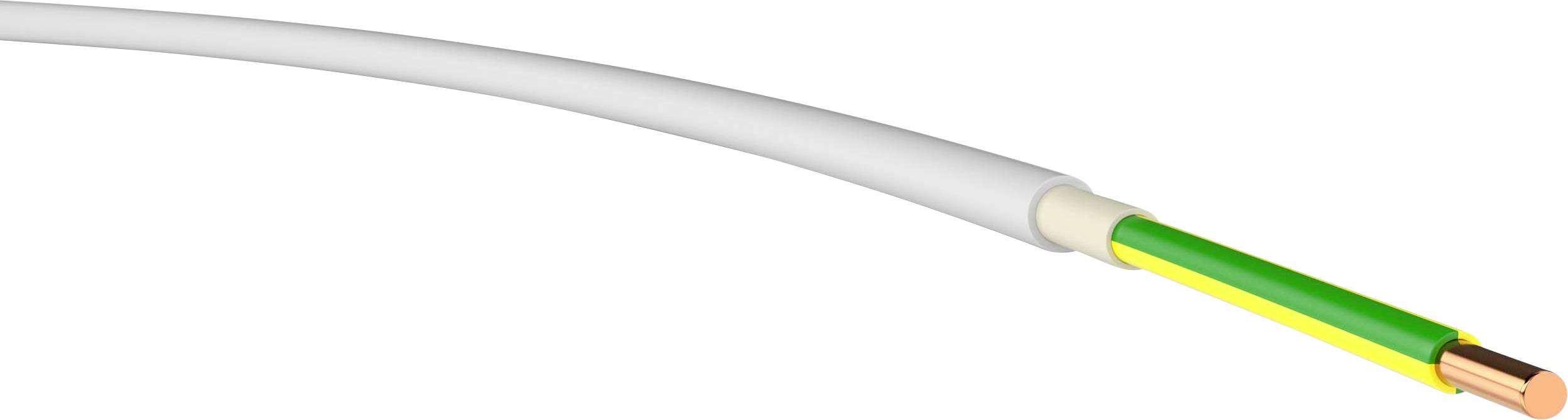 Ein isoliertes Kabel mit drei sichtbaren Drähten: grün-gelb, braun und blau, das Stromleitungen in elektrischen Geräten darstellt.