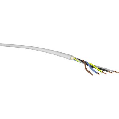 Ein mehradriges Elektrokabel mit fünf abisolierten Adern in verschiedenen Farben: braun, blau, schwarz, grün-gelb, und grau.