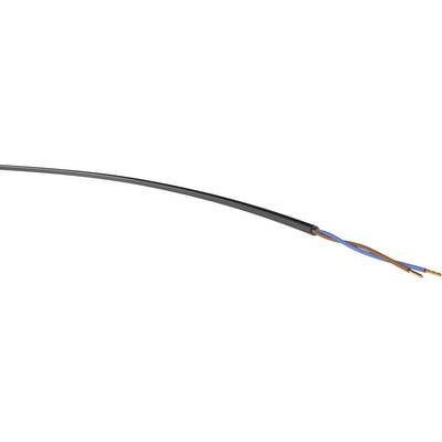 Ein schwarzes elektrisches Kabel mit zwei sichtbaren, freiliegenden Kupferdrähten, blau und braun isoliert, an einem Ende.