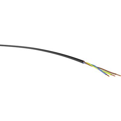 Ein abgeschnittener Stromkabel mit vier farbigen Drähten: blau, gelb-grün, braun und schwarz, die aus der Isolierung herausragen.