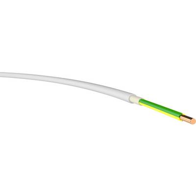 Ein einzelner elektrischer Draht mit Kupferkern, umhüllt von einer gelben und grünen Isolierung, symbolisiert Erdung in Elektroinstallationen.