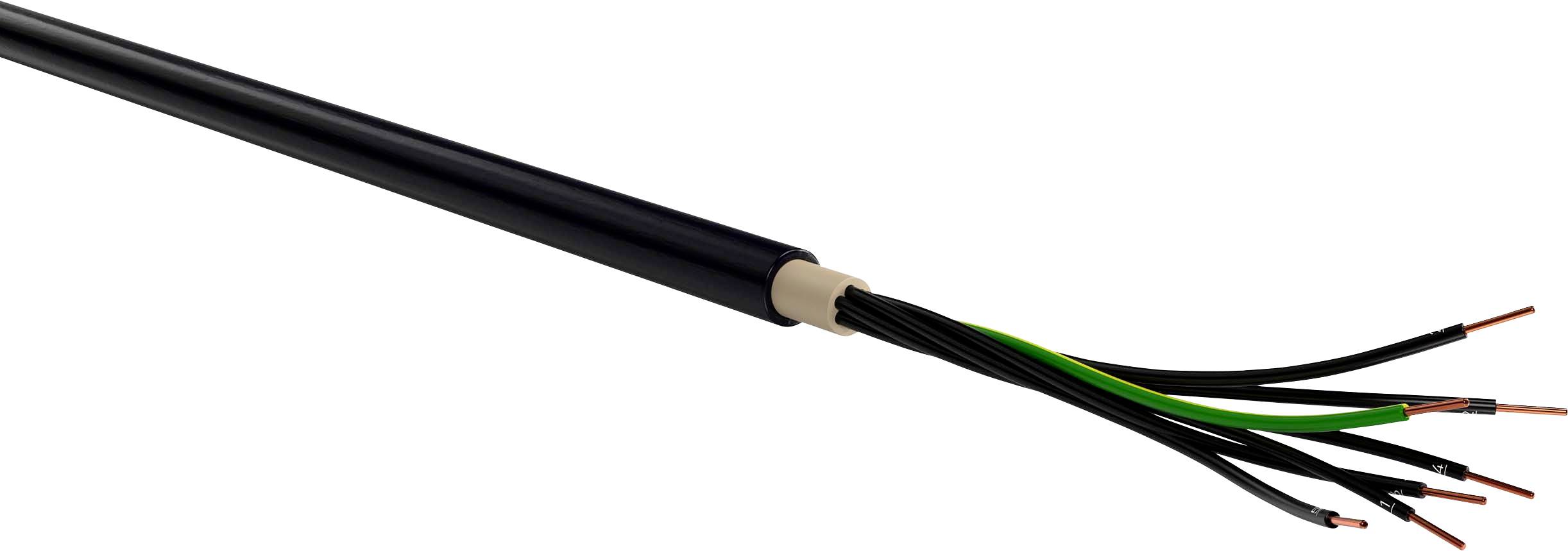 Schwarzes Elektrokabel mit sechs offenen Kupferdrähten in verschiedenen Farben sichtbar an einem Ende.