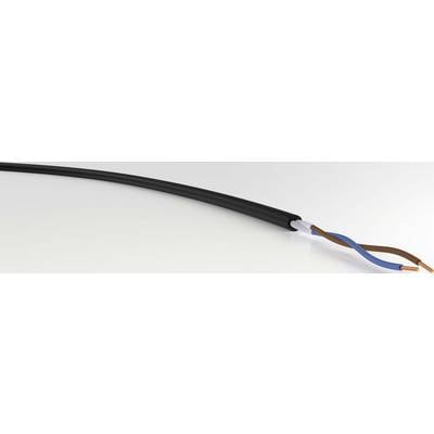 Zweidrahtiges elektrisches Kabel mit schwarzer Umhüllung, zeigt Innenleiter in Blau und Braun.