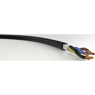 Ein abgeschnittenes mehradriges Elektrokabel, das isolierte Kupferdrähte in den Farben Braun, Blau, Gelb-Grün und Schwarz zeigt.