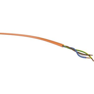 Ein orangefarbenes Kabel mit drei freiliegenden Leitungen in den Farben Blau, Braun und grün-gelb, das für elektrische Installationen verwendet wird.