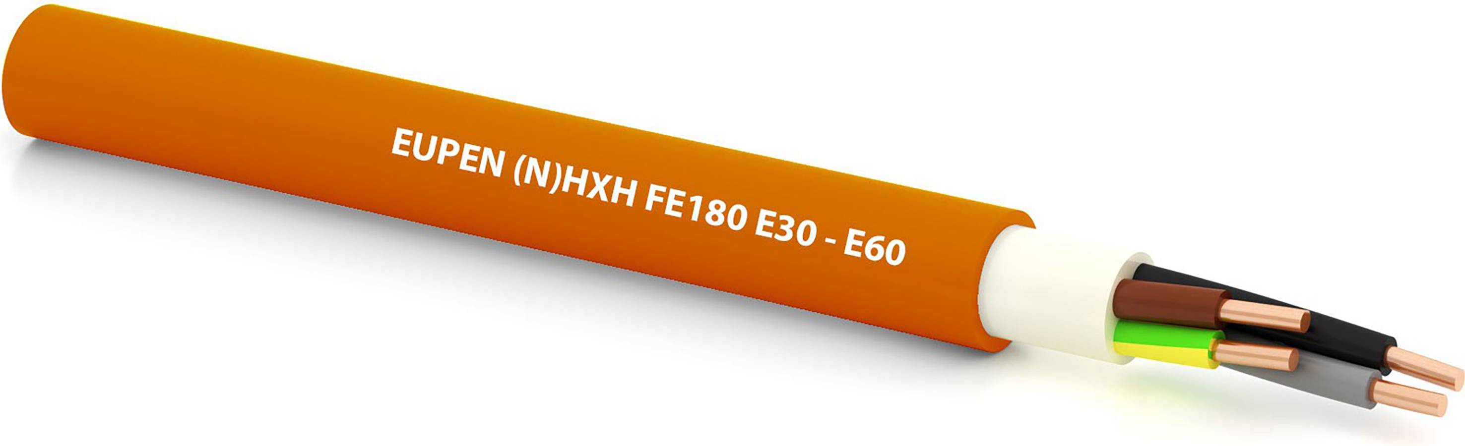 Ein orangefarbenes Kabel mit der Aufschrift 'EUPEN (N)HXH FE180 E30 - E60', enthüllt Kupferdrähte mit schwarzer, grüner, gelber Isolierung.