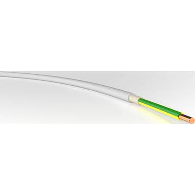Ein Kabel mit Kupferleiter und grün-gelber Isolierung vor grauem Hintergrund, typischerweise für Erdungszwecke verwendet.