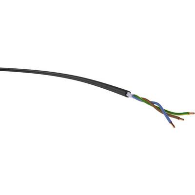 Ein geschnittener Elektronikkabel, das vier farbige Drähte in Schwarz, Blau, Gelb-Grün und Braun zeigt, aus einem äußeren Gehäuse.