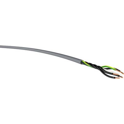 Graues Kabel mit freiliegenden, farbcodierten Innenleitern in Schwarz, Weiß, Grün und Gelb/Grün, zum Verbinden elektrischer Geräte.