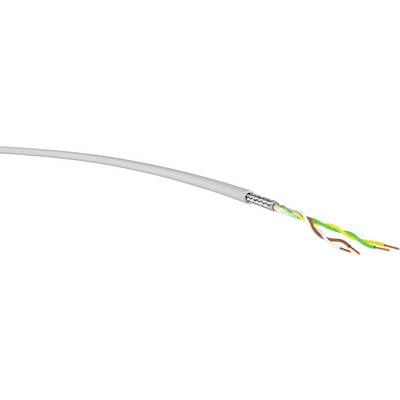 Ein ungeschirmtes, verdrilltes Paar (UTP) Kabel mit offenem Ende, das vier farbige Adern zeigt: grün, gelb, weiß und braun.