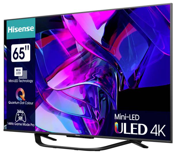 Ein 65-Zoll-Fernseher von Hisense mit Mini-LED- und Quantum Dot-Technologie. Hervorgehoben sind ULED 4K und 144Hz Game Mode Pro.