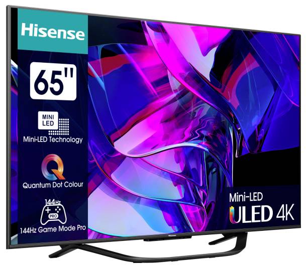 Ein Hisense 65 Zoll Mini-LED ULED 4K Fernseher, der Mini-LED Technologie, Quantum Dot Farbe, und 144Hz Game Mode Pro bietet.