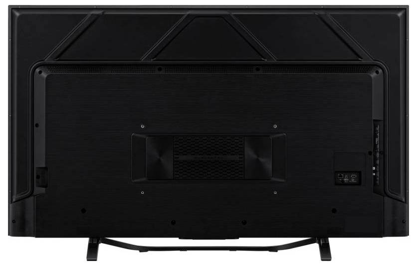 Die Rückseite eines großen schwarzen Fernsehers mit sichtbaren Anschlüssen und Lüftungsschlitzen auf der Rückseite.