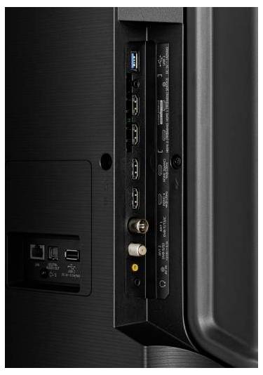 Rückseite eines Fernsehgeräts mit mehreren Anschlüssen, darunter HDMI, USB und Audioeingänge.