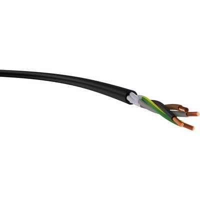 Ein schwarzes Kabel mit drei freiliegenden Kupferadern, jeweils in grün-gelber, grauer und brauner Isolierung, wird gezeigt.