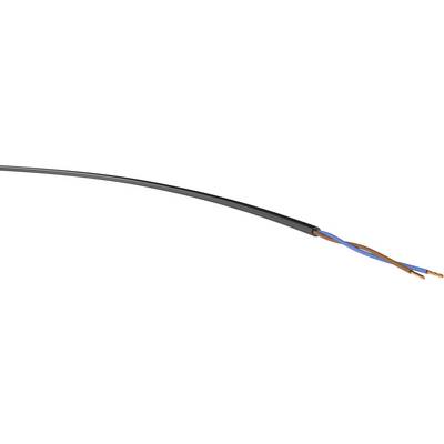 Schwarzes Elektrokabel mit freigelegten Kupferdrähten am Ende zeigt, wie ein Kabel ohne Stecker aussieht.