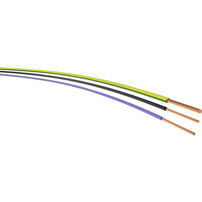 Drei Elektrokabel mit farbigen Isolierungen: gelb-grün, schwarz und blau. Kabelenden aus Kupfer zeigen.