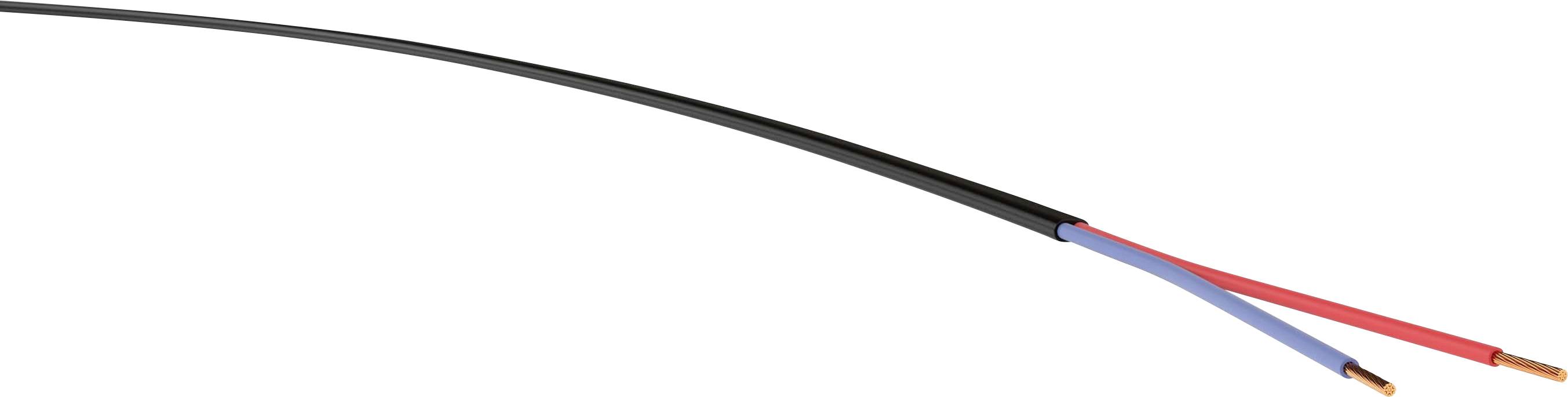 Ein elektrisches Kabel mit schwarzer Ummantelung und zwei sichtbaren Innenkabeln, eines rot, das andere blau.