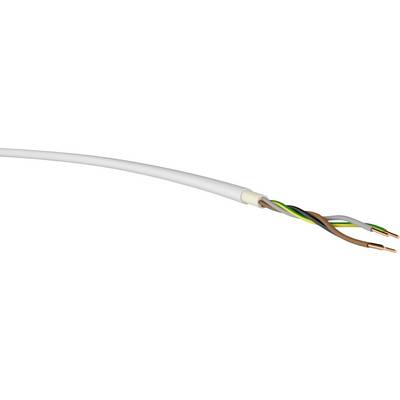 Ein offenes weißes Kabel mit drei Adern: grün-gelb für Erde, braun für Phase, und blau für neutral.