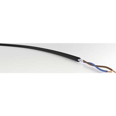 Ein schwarzes Kabel mit abisolierten Enden, zeigt zwei verdrillte Drähte in Blau und Braun, die für elektrische Verbindungen verwendet werden.
