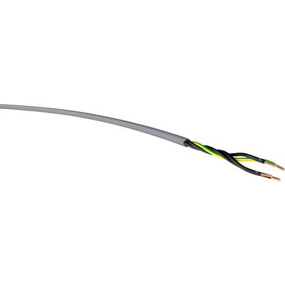 Graues Elektrokabel mit drei freiliegenden Drähten: schwarz, braun und gelb-grün.