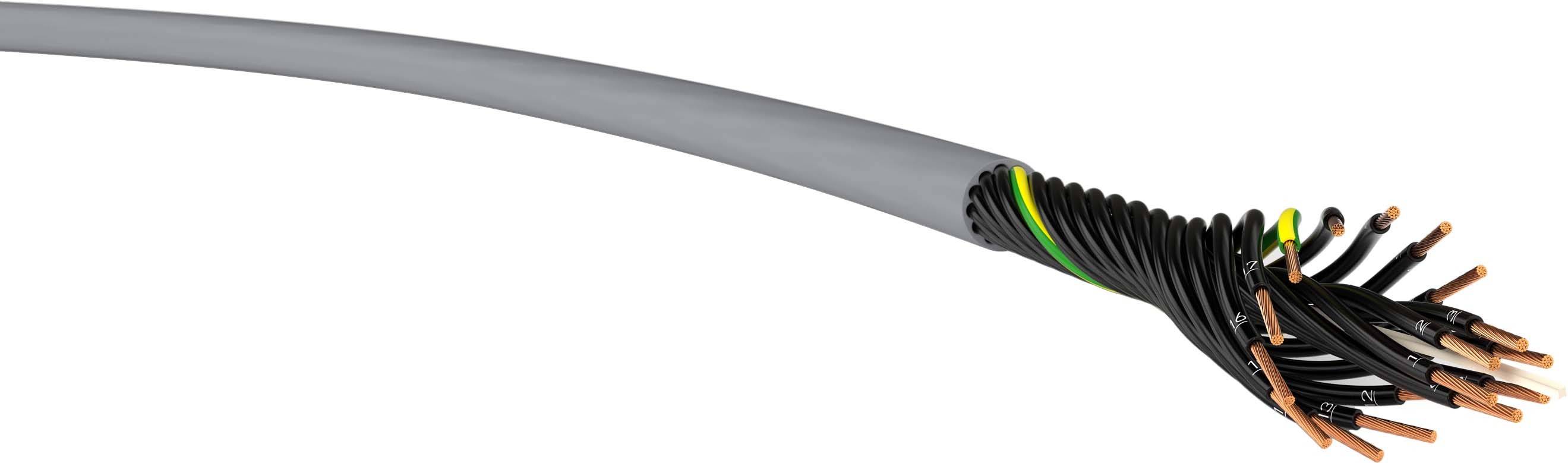 Graues Kabel mit mehreren freigelegten Kupferdrähten am offenen Ende, verwendet für elektrische Verbindungen.