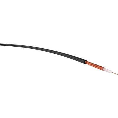 Ein schwarzes Koaxialkabel mit freigelegtem Kupferdraht an einem Ende zur Signalübertragung in elektronischen Geräten.