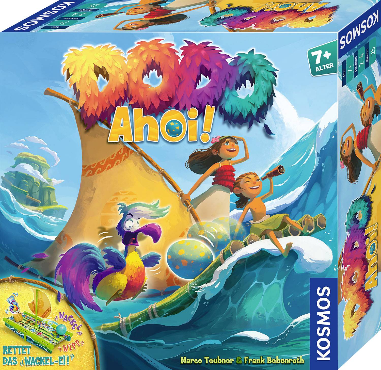 Bunte Spielverpackung mit Titel 'Dodo – Ahoi!' zeigt fröhliche Charaktere auf einem Boot. Geeignet ab 7 Jahren, von Kosmos.