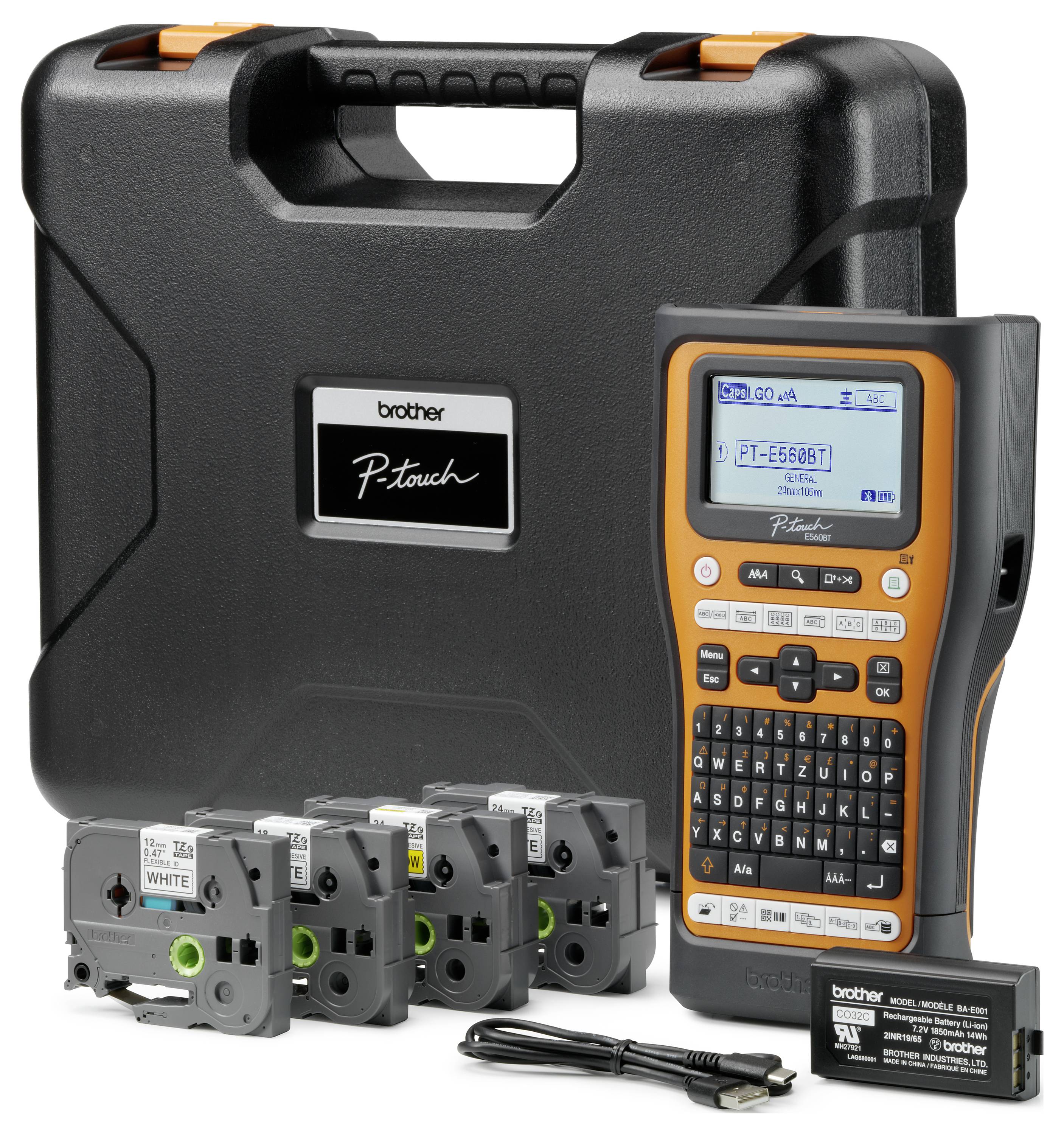 Etikettiergerät Brother P-touch E550W mit Tragetasche, fünf Schriftbandkassetten und USB-Kabel, ideal für Profis.