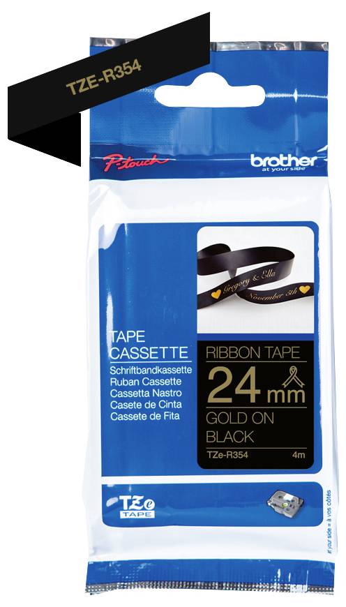 Brother-Bänderkassette, Modell TZe-R354, gold auf schwarz, 24mm, 4m Länge. Verpackung zeigt ein dekoratives schwarzes Band mit goldener Schrift.