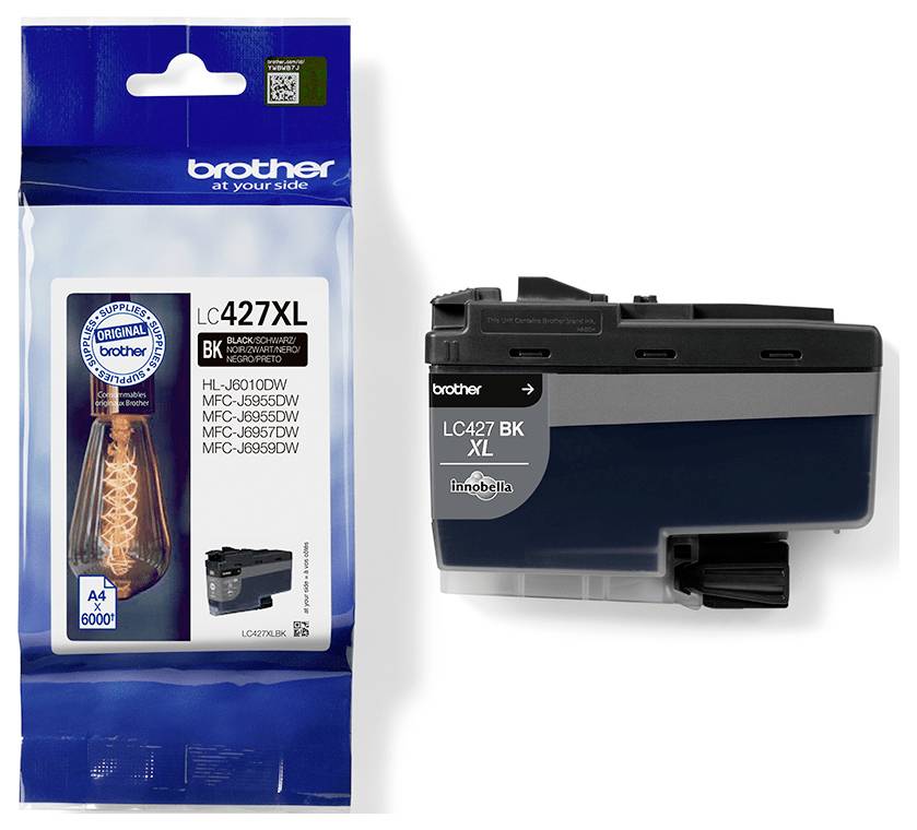 "Brother LC427XL schwarze Tintenpatrone" Verpackung und Patrone abgebildet. Kompatible Modelle: HL-J6010DW, MFC-J6955DW, MFC-J6957DW.