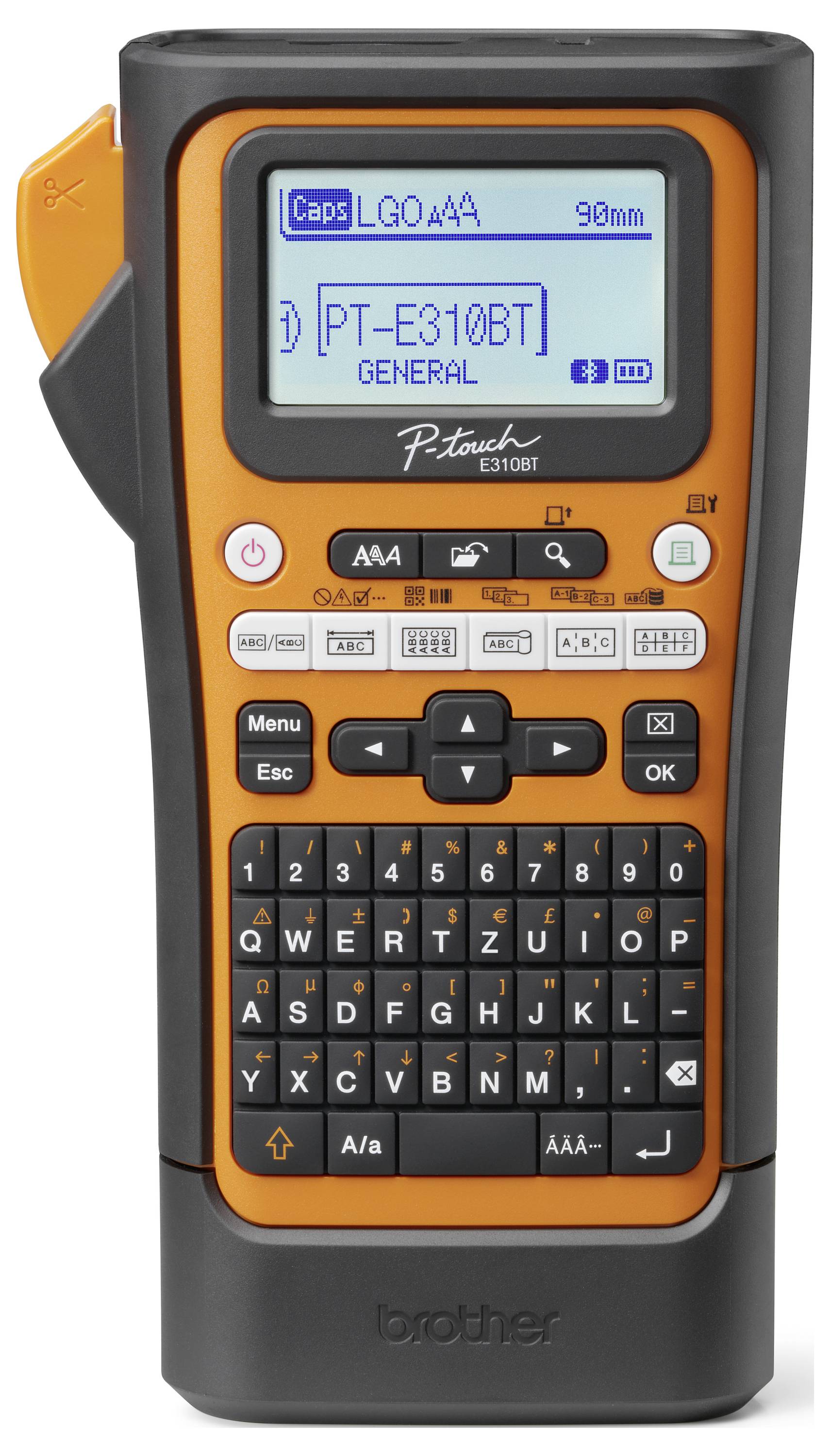 Handheld Beschriftungsgerät mit QWERTZ-Tastatur und Display, zeigt Text 'LGO AAA' und 'PT-E310BT GENERAL'. Geeignet für Etikettenerstellung.